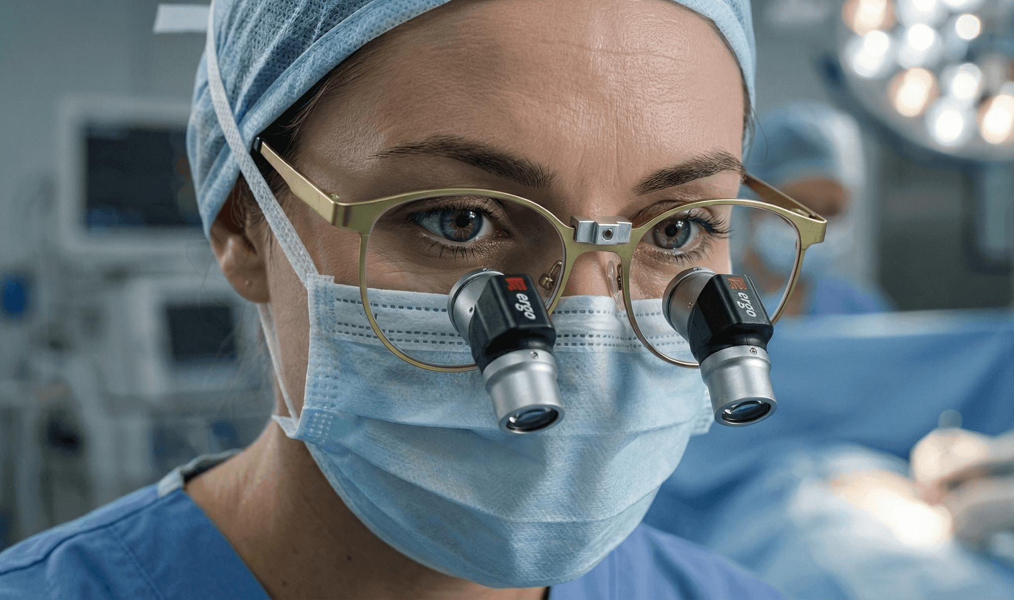 Surgeon wearing HeliosX loupes in the OR
