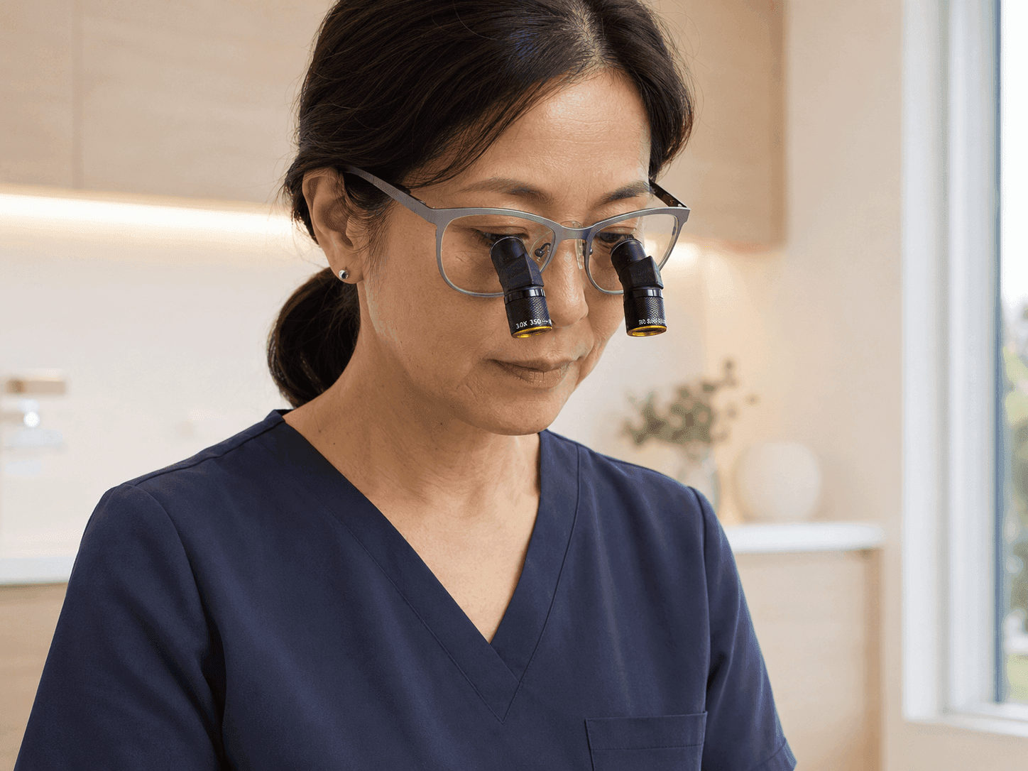 Doctor seated with Medusa surgical loupes