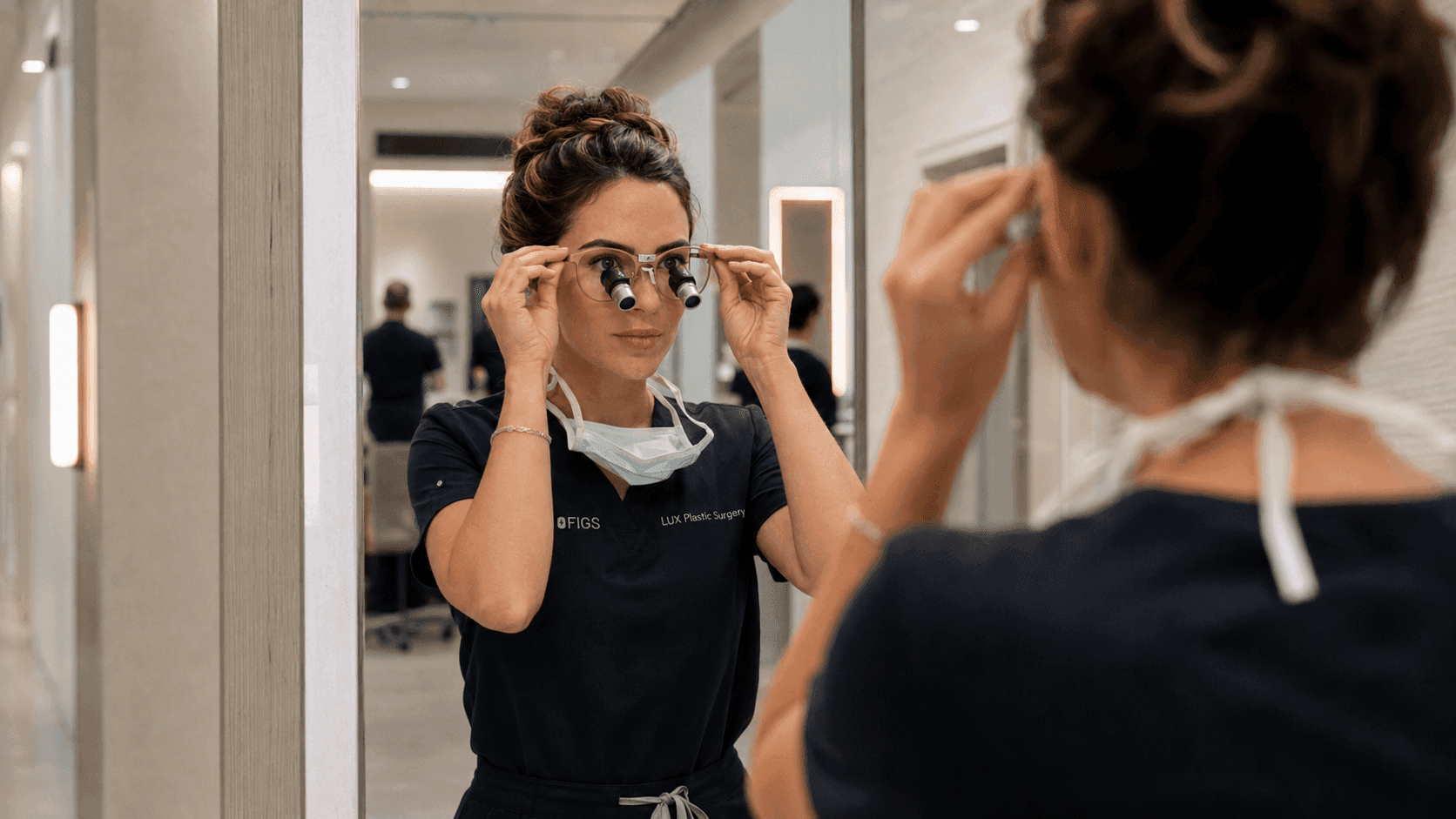 Dental clinician using a mirror retractor during a chairside procedure with HeliosX loupes
