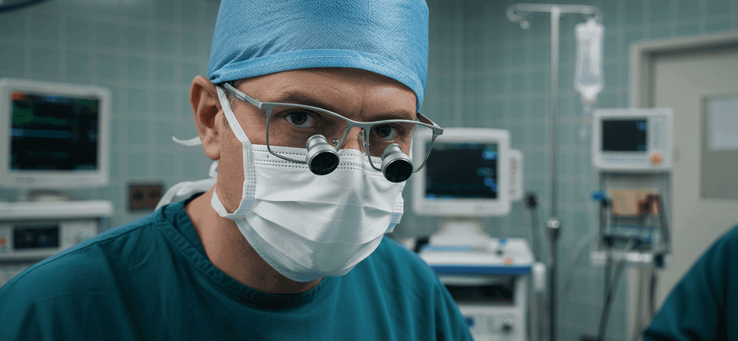Clinician at the operating field demonstrating loupe working posture